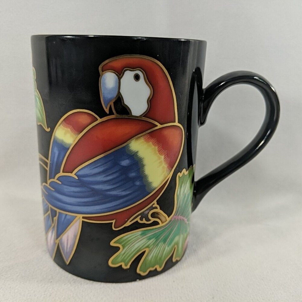 Fitz & Floyd Jungle Parrot Mug 378 Fine Porcelain Black Gold Bird Coffee